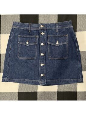 Loft Classic Blue Denim Jean Button-Front Cotton Skirt Sz 12
